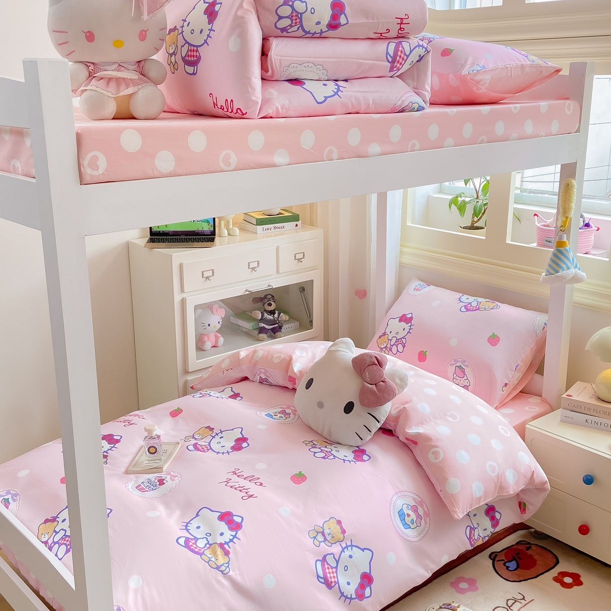 91家纺网 家纺一手货源 找家纺 博雅 2025春夏新款三丽鸥全棉纯棉卡通学生宿舍三件套上下铺三件套-小版 草莓蛋糕KT