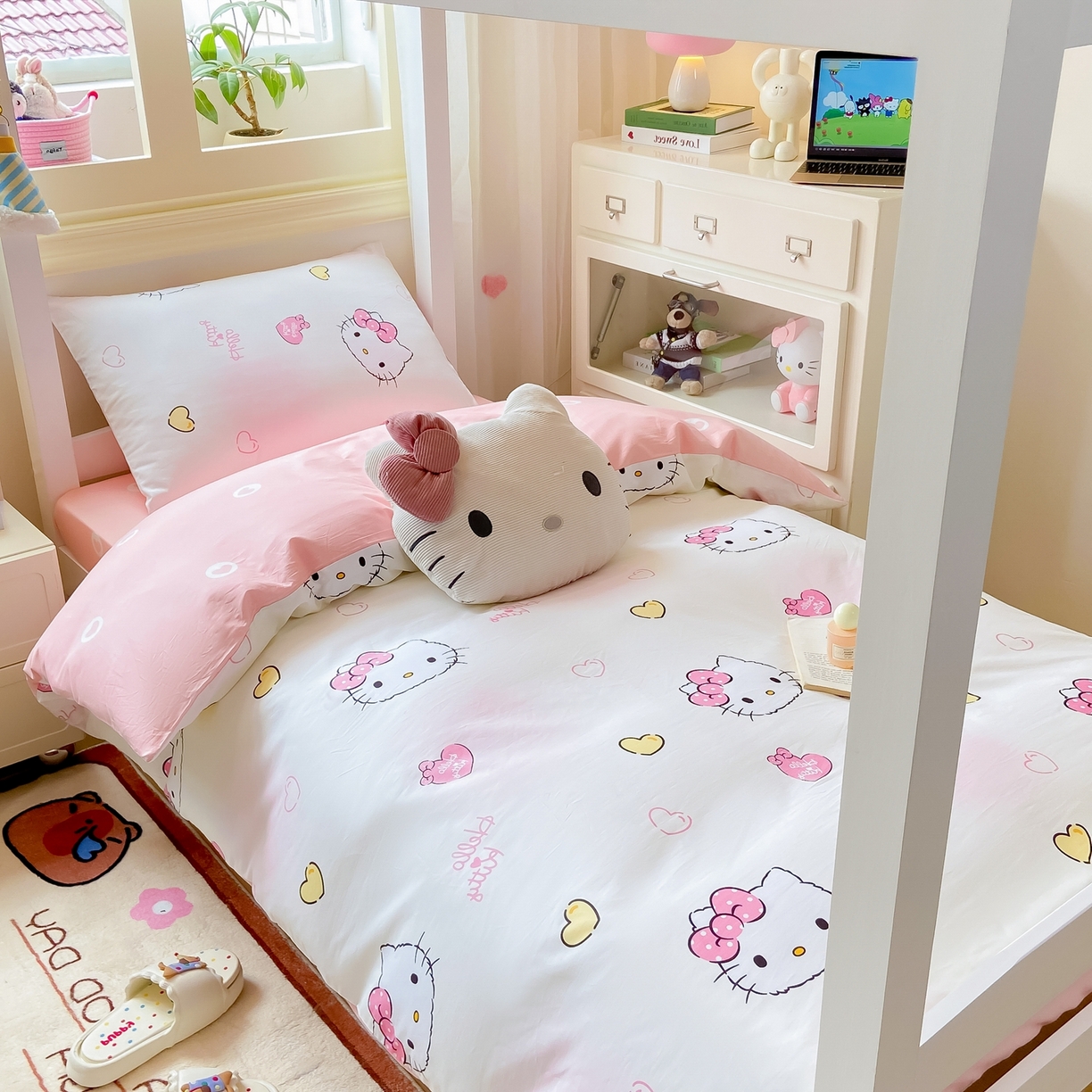 91家纺网 家纺一手货源 找家纺 博雅 2025春夏新款三丽鸥全棉纯棉卡通学生宿舍三件套上下铺三件套-小版 彩色KT