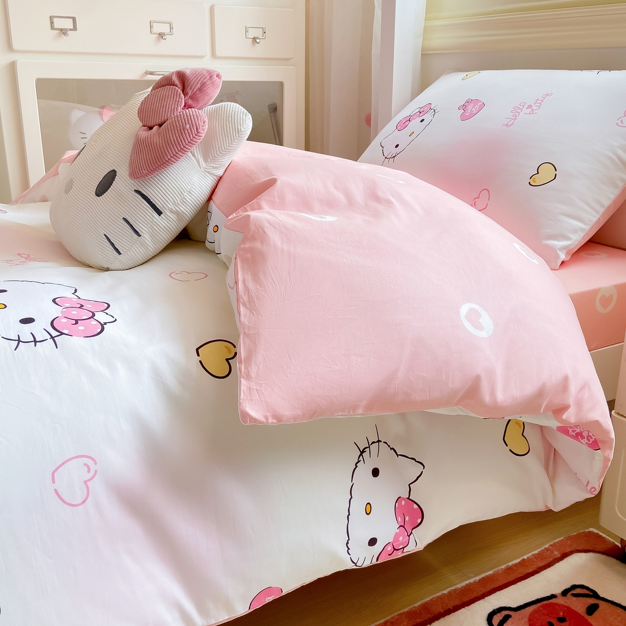 91家纺网 家纺一手货源 找家纺 博雅 2025春夏新款三丽鸥全棉纯棉卡通学生宿舍三件套上下铺三件套-小版 彩色KT