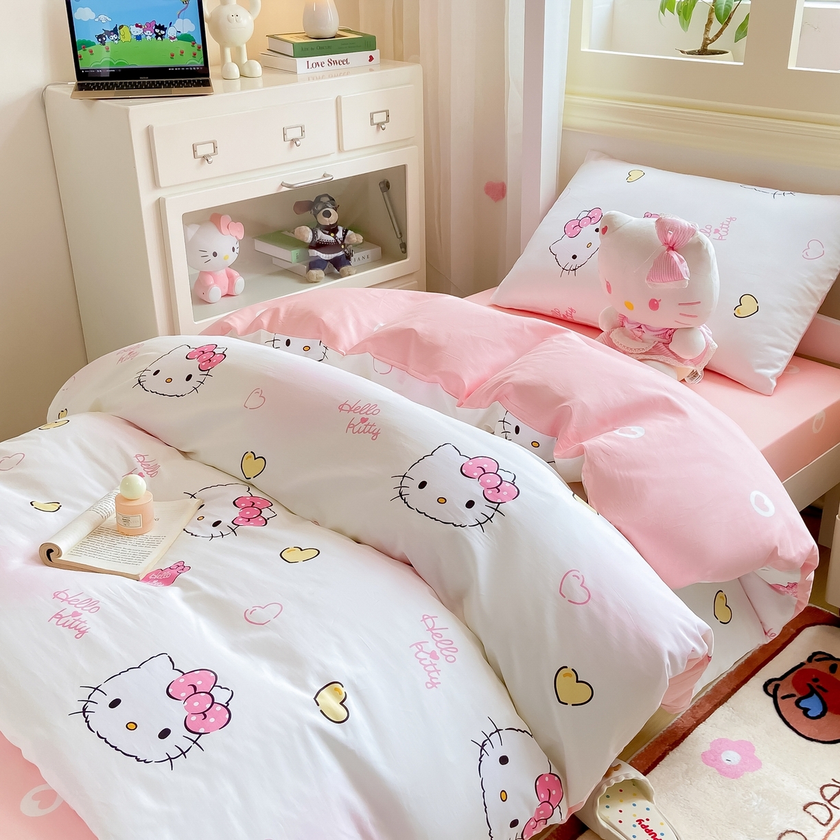 91家纺网 家纺一手货源 找家纺 博雅 2025春夏新款三丽鸥全棉纯棉卡通学生宿舍三件套上下铺三件套-小版 彩色KT