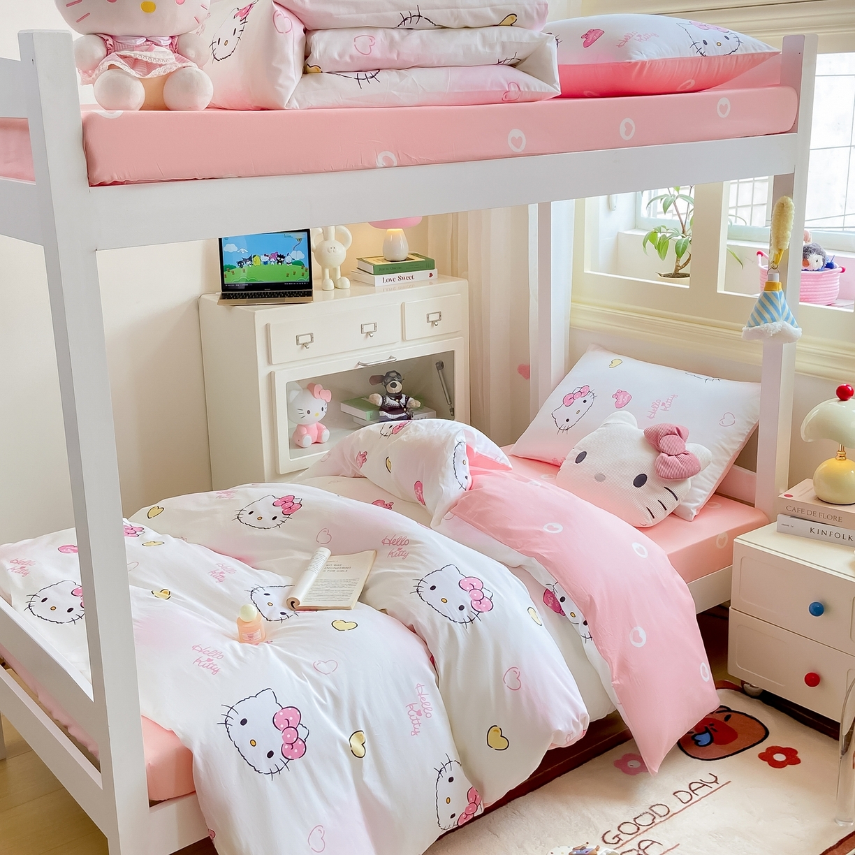 91家纺网 家纺一手货源 找家纺 博雅 2025春夏新款三丽鸥全棉纯棉卡通学生宿舍三件套上下铺三件套-小版 彩色KT