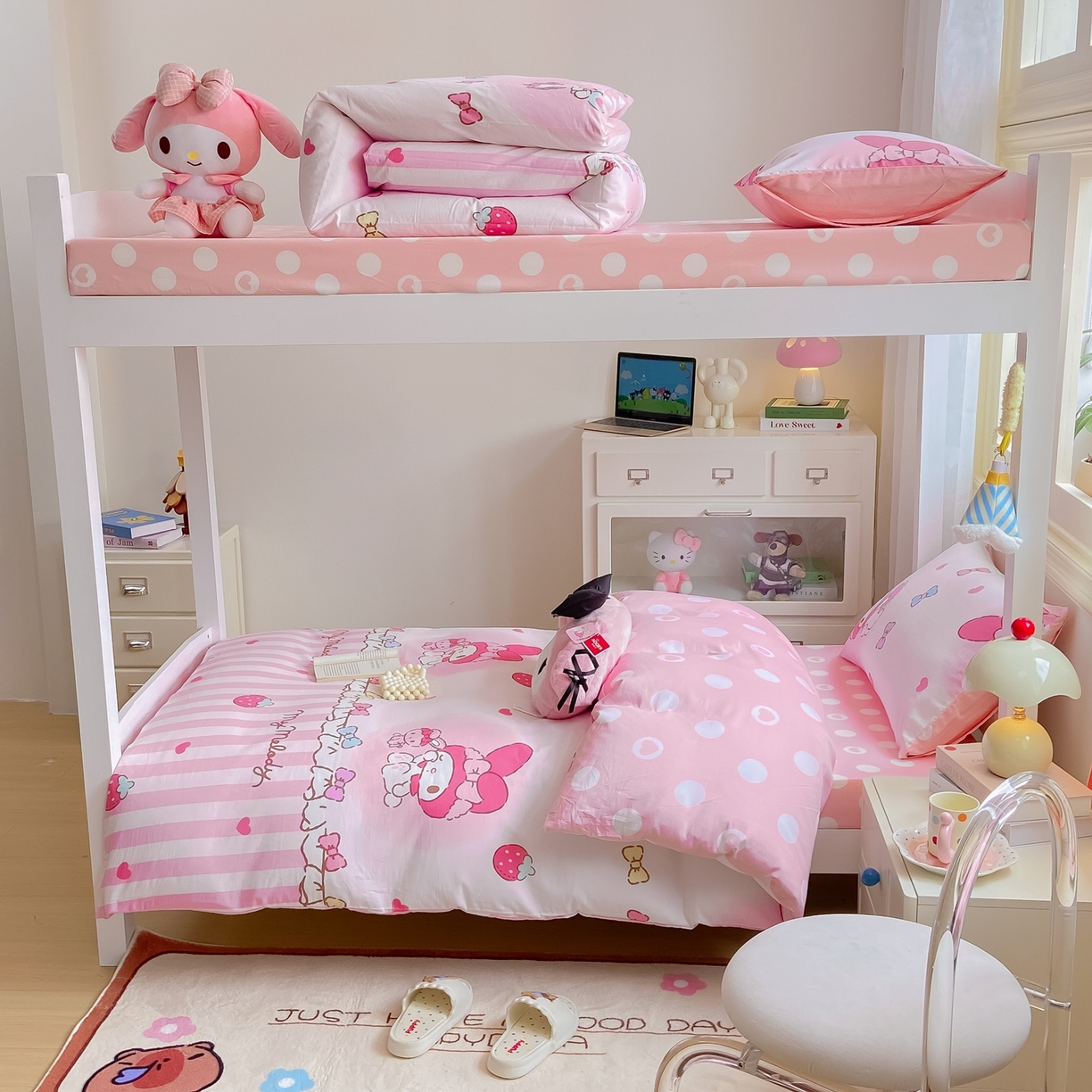 91家纺网 家纺一手货源 找家纺 博雅 2025春夏新款三丽鸥全棉纯棉卡通学生宿舍三件套上下铺三件套-小版 草莓条纹美乐蒂