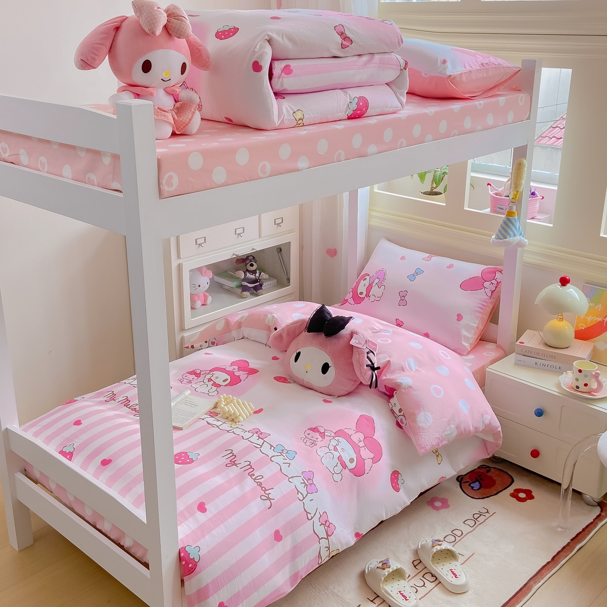 91家纺网 家纺一手货源 找家纺 博雅 2025春夏新款三丽鸥全棉纯棉卡通学生宿舍三件套上下铺三件套-小版 草莓条纹美乐蒂