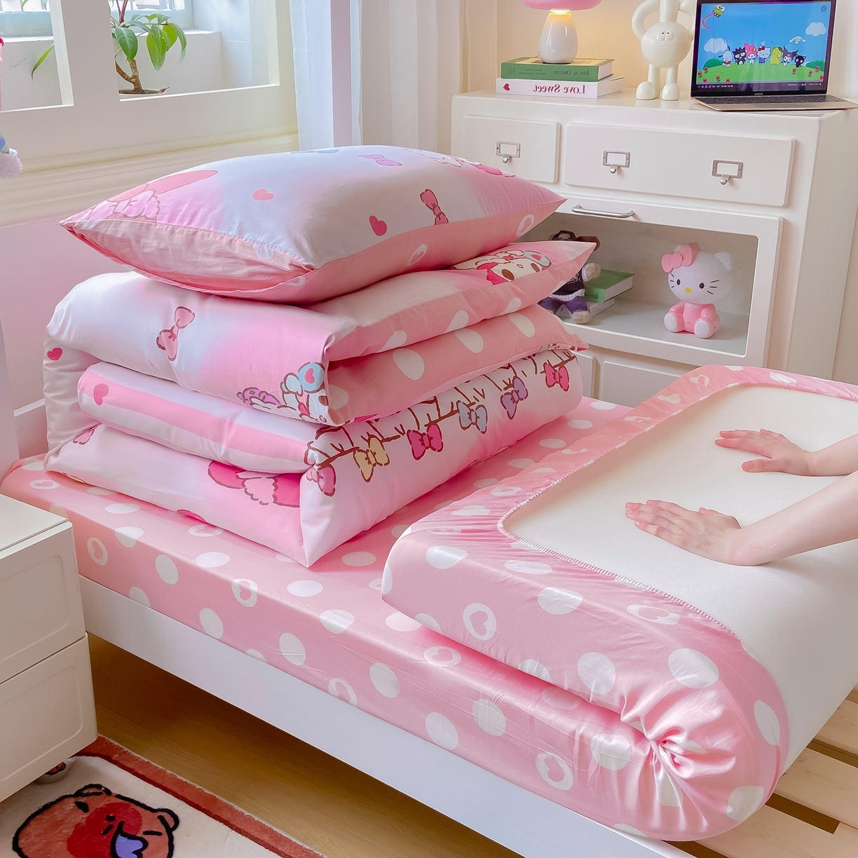 91家纺网 家纺一手货源 找家纺 博雅 2025春夏新款三丽鸥全棉纯棉卡通学生宿舍三件套上下铺三件套-小版 草莓条纹美乐蒂