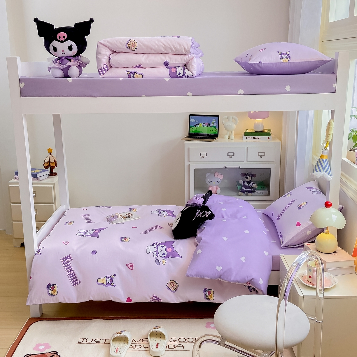 91家纺网 家纺一手货源 找家纺 博雅 2025春夏新款三丽鸥全棉纯棉卡通学生宿舍三件套上下铺三件套-小版 多彩库洛米