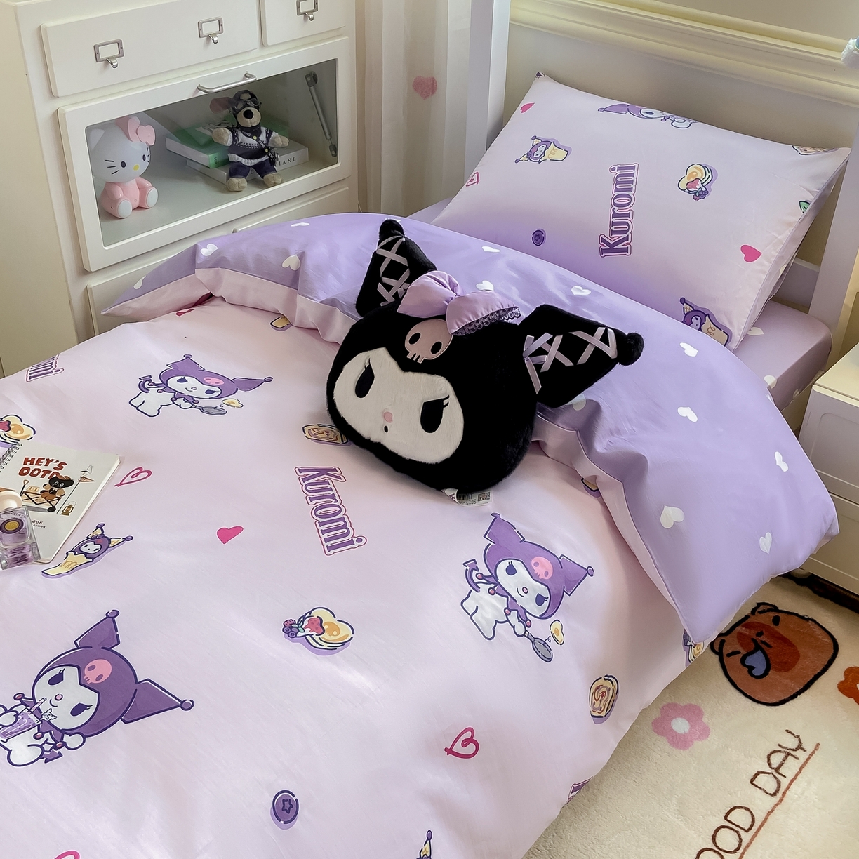 91家纺网 家纺一手货源 找家纺 博雅 2025春夏新款三丽鸥全棉纯棉卡通学生宿舍三件套上下铺三件套-小版 多彩库洛米