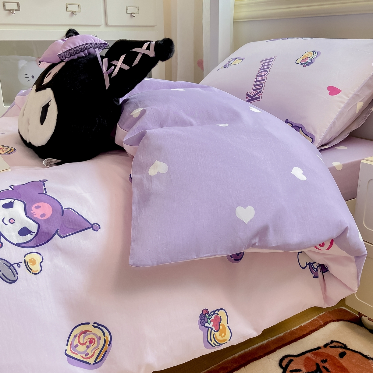 91家纺网 家纺一手货源 找家纺 博雅 2025春夏新款三丽鸥全棉纯棉卡通学生宿舍三件套上下铺三件套-小版 多彩库洛米