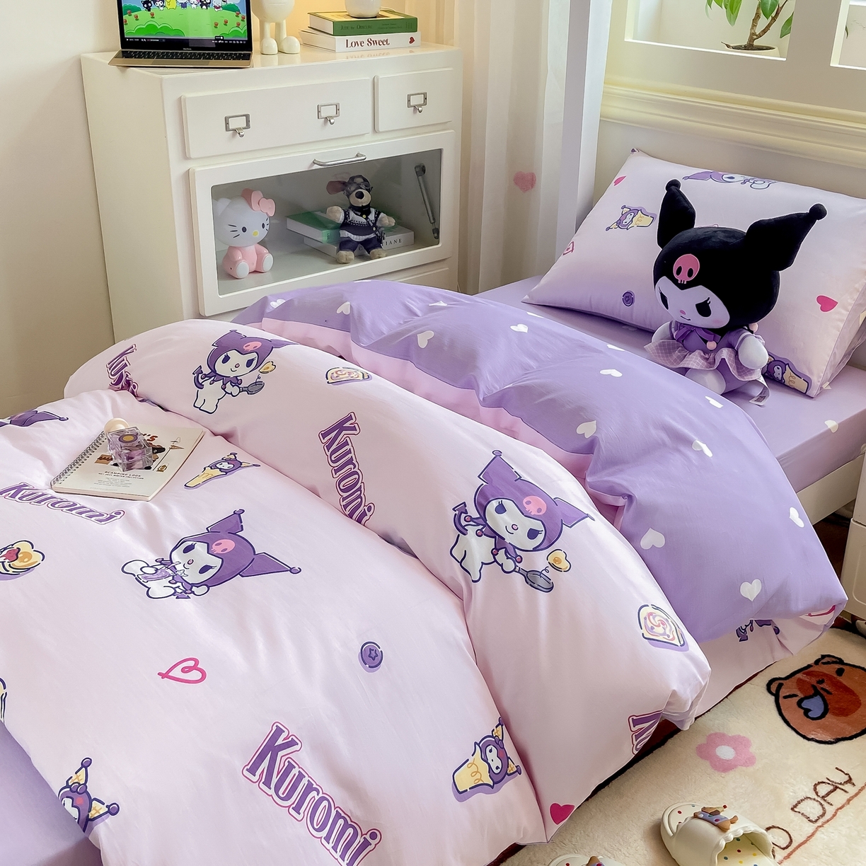 91家纺网 家纺一手货源 找家纺 博雅 2025春夏新款三丽鸥全棉纯棉卡通学生宿舍三件套上下铺三件套-小版 多彩库洛米