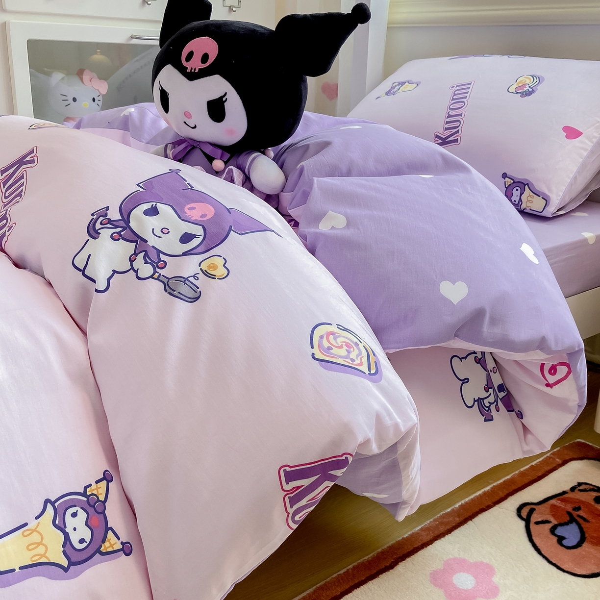 91家纺网 家纺一手货源 找家纺 博雅 2025春夏新款三丽鸥全棉纯棉卡通学生宿舍三件套上下铺三件套-小版 多彩库洛米