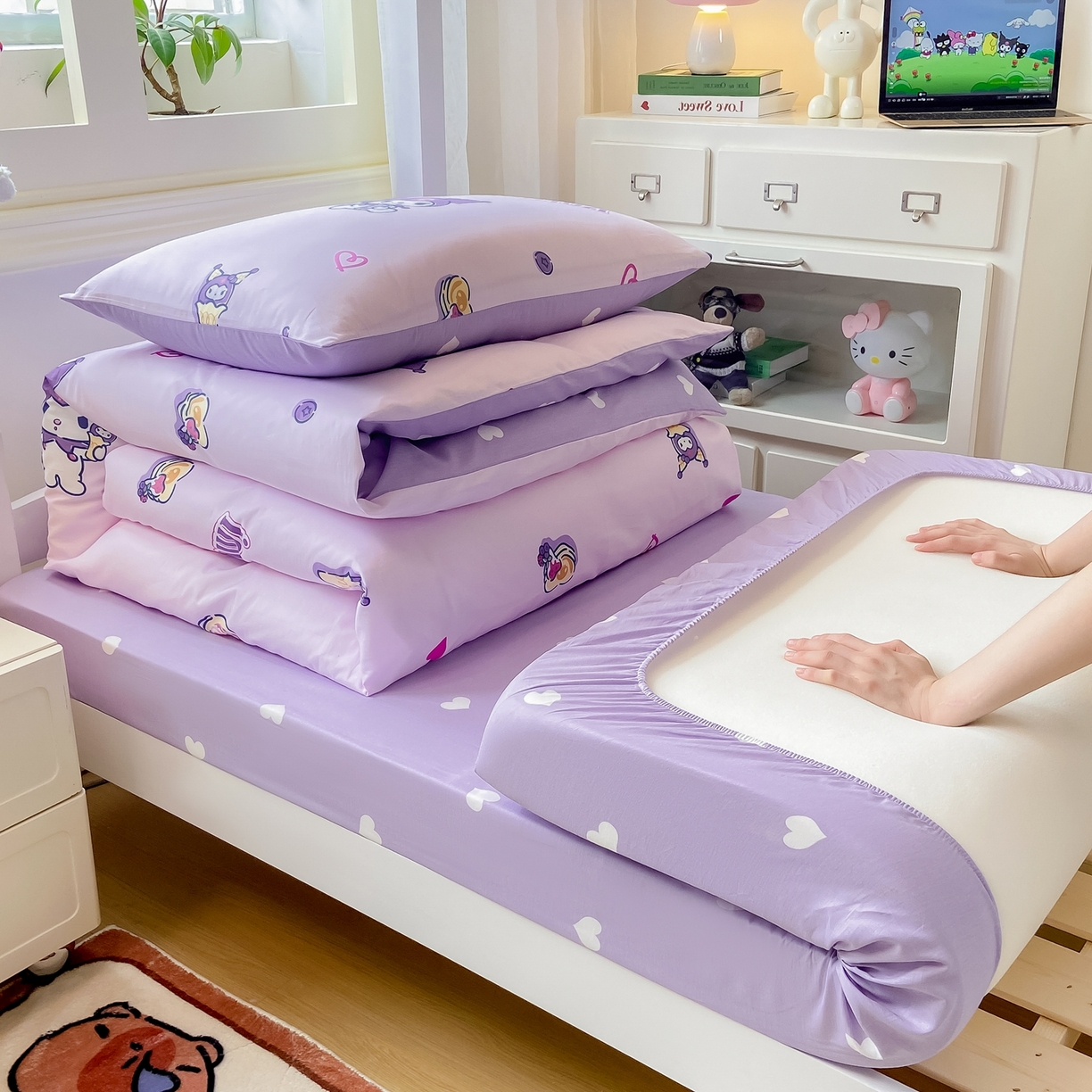 91家纺网 家纺一手货源 找家纺 博雅 2025春夏新款三丽鸥全棉纯棉卡通学生宿舍三件套上下铺三件套-小版 多彩库洛米