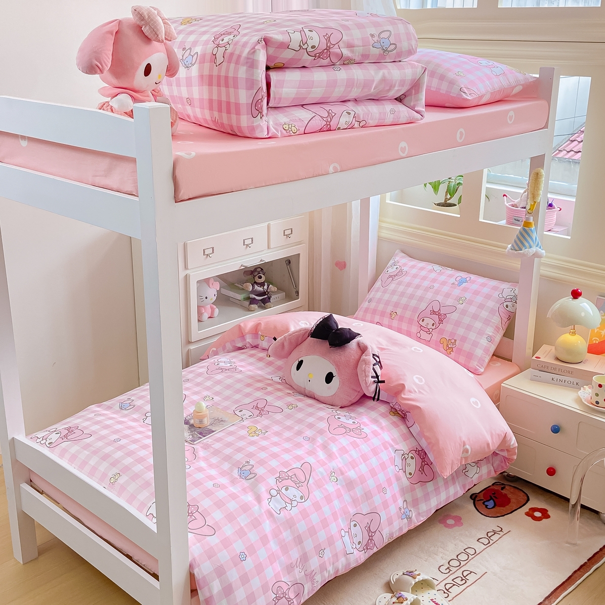 91家纺网 家纺一手货源 找家纺 博雅 2025春夏新款三丽鸥全棉纯棉卡通学生宿舍三件套上下铺三件套-小版 粉格美乐蒂