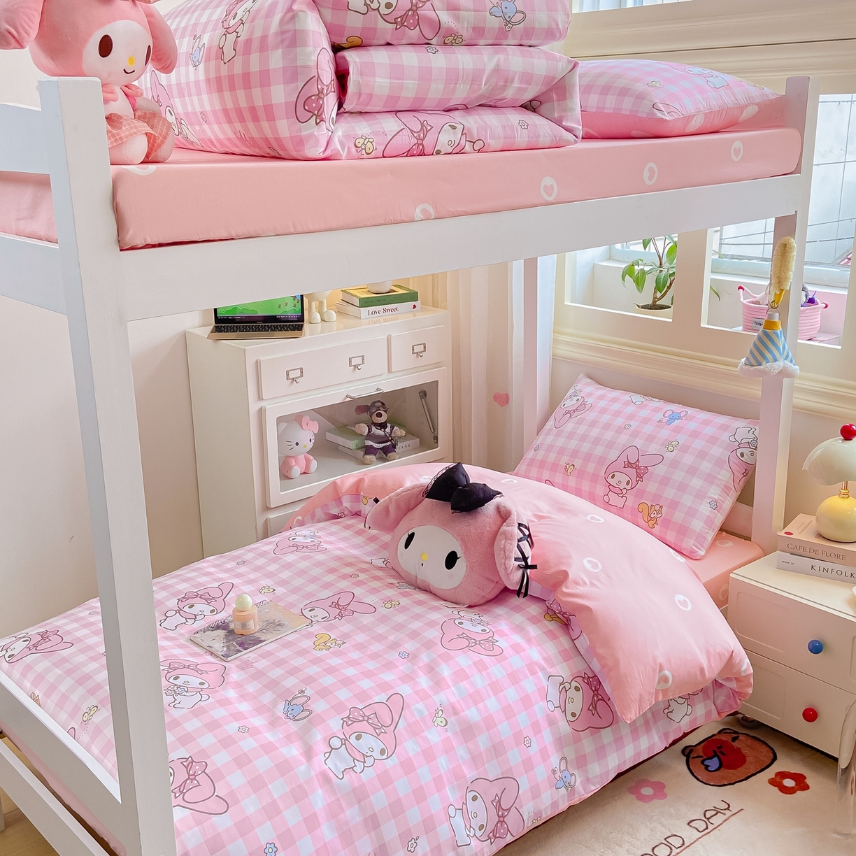 91家纺网 家纺一手货源 找家纺 博雅 2025春夏新款三丽鸥全棉纯棉卡通学生宿舍三件套上下铺三件套-小版 粉格美乐蒂