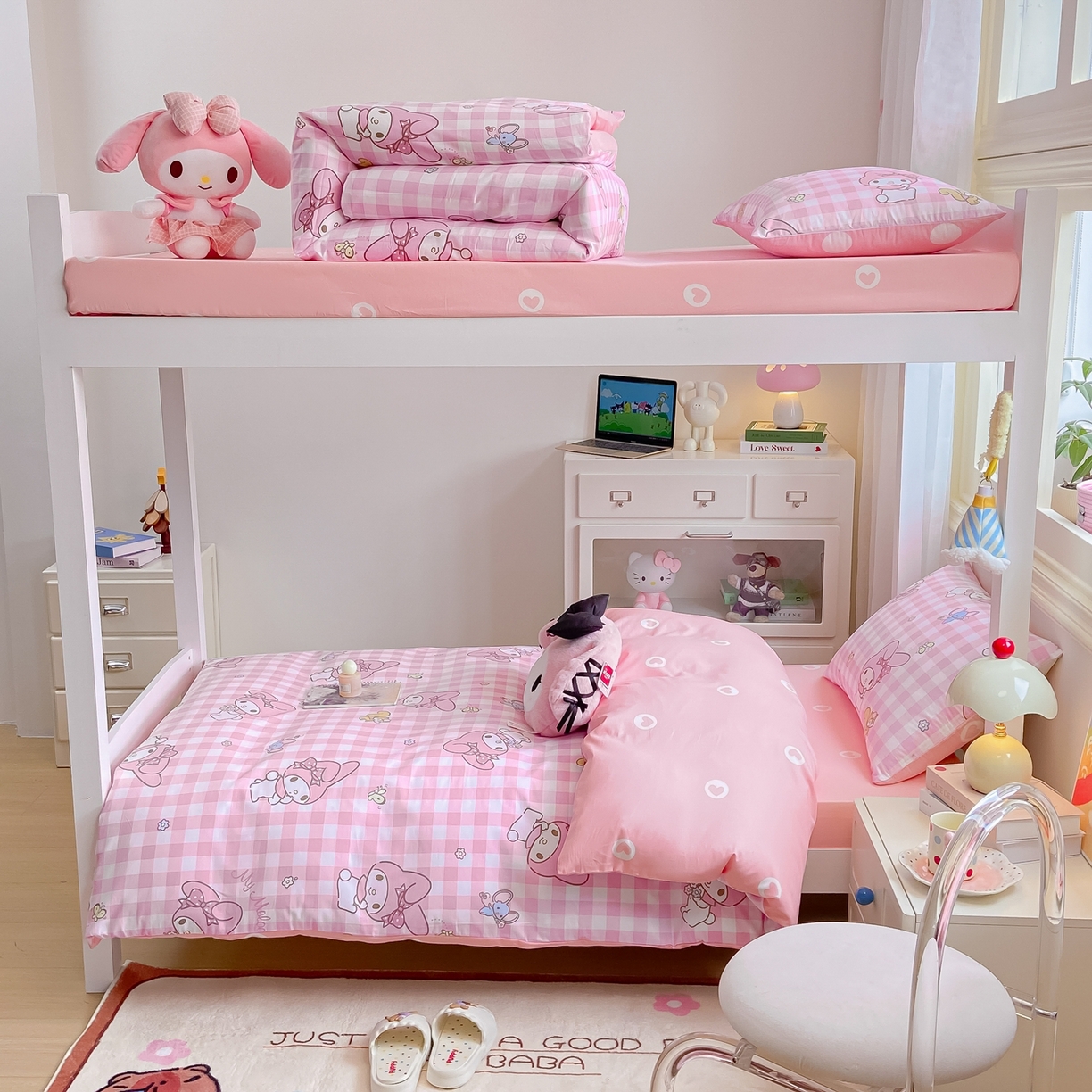 91家纺网 家纺一手货源 找家纺 博雅 2025春夏新款三丽鸥全棉纯棉卡通学生宿舍三件套上下铺三件套-小版 粉格美乐蒂