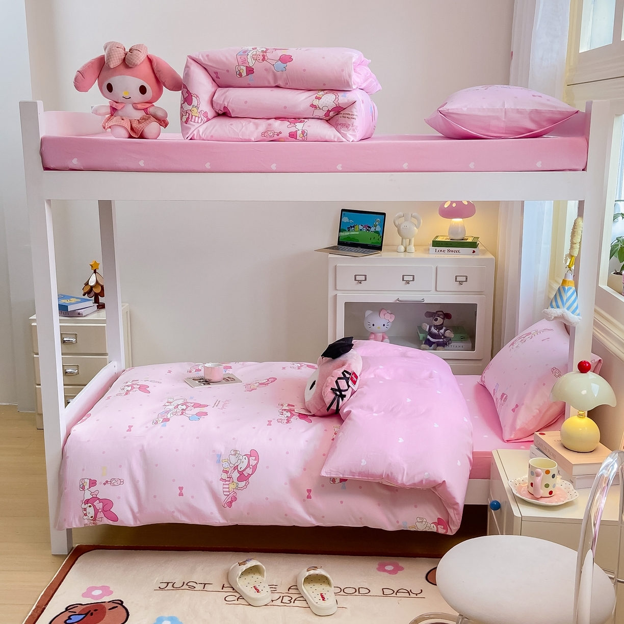 91家纺网 家纺一手货源 找家纺 博雅 2025春夏新款三丽鸥全棉纯棉卡通学生宿舍三件套上下铺三件套-小版 粉色点点美乐蒂