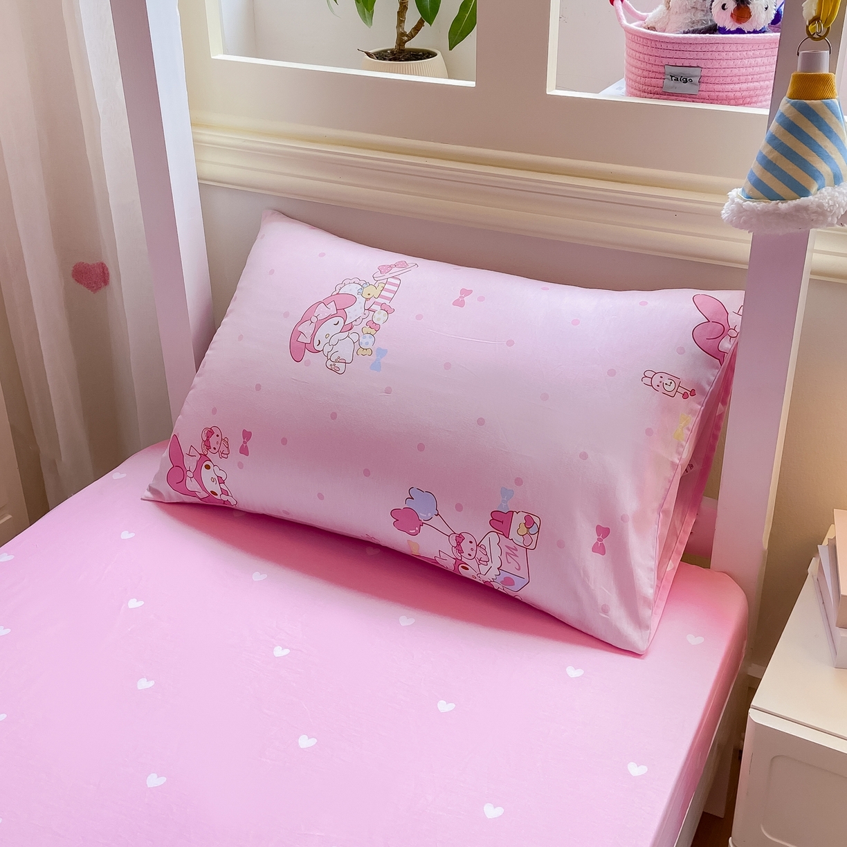 91家纺网 家纺一手货源 找家纺 博雅 2025春夏新款三丽鸥全棉纯棉卡通学生宿舍三件套上下铺三件套-小版 粉色点点美乐蒂