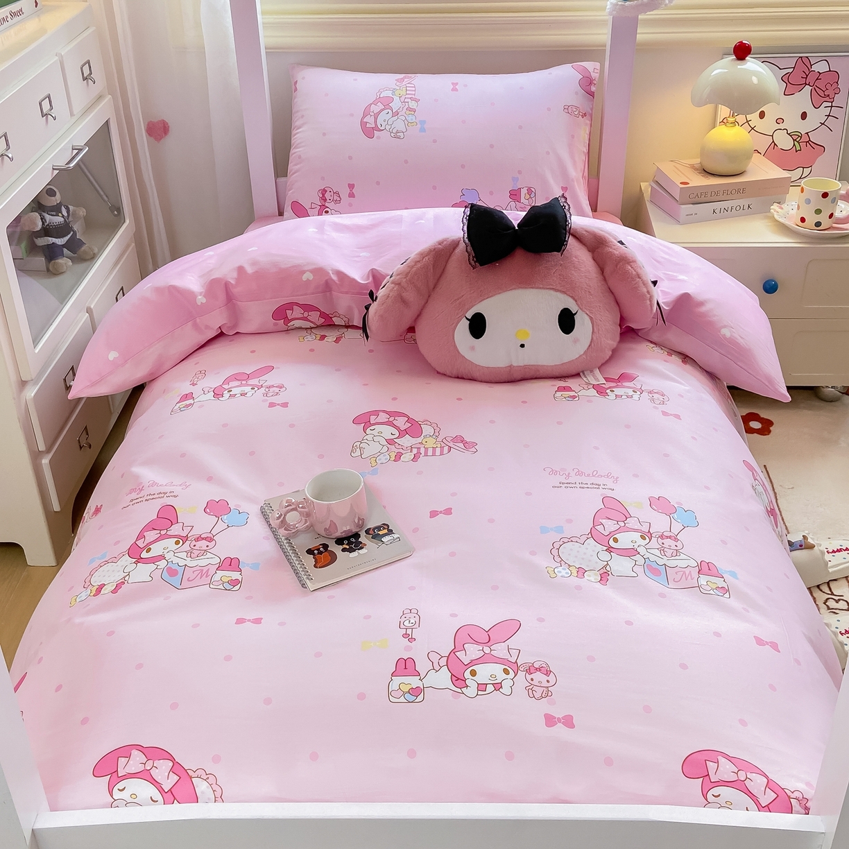 91家纺网 家纺一手货源 找家纺 博雅 2025春夏新款三丽鸥全棉纯棉卡通学生宿舍三件套上下铺三件套-小版 粉色点点美乐蒂