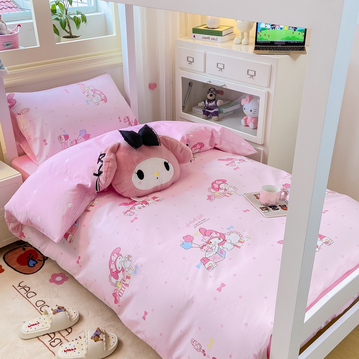 91家纺网 家纺一手货源 找家纺 博雅 2025春夏新款三丽鸥全棉纯棉卡通学生宿舍三件套上下铺三件套-小版 粉色点点美乐蒂