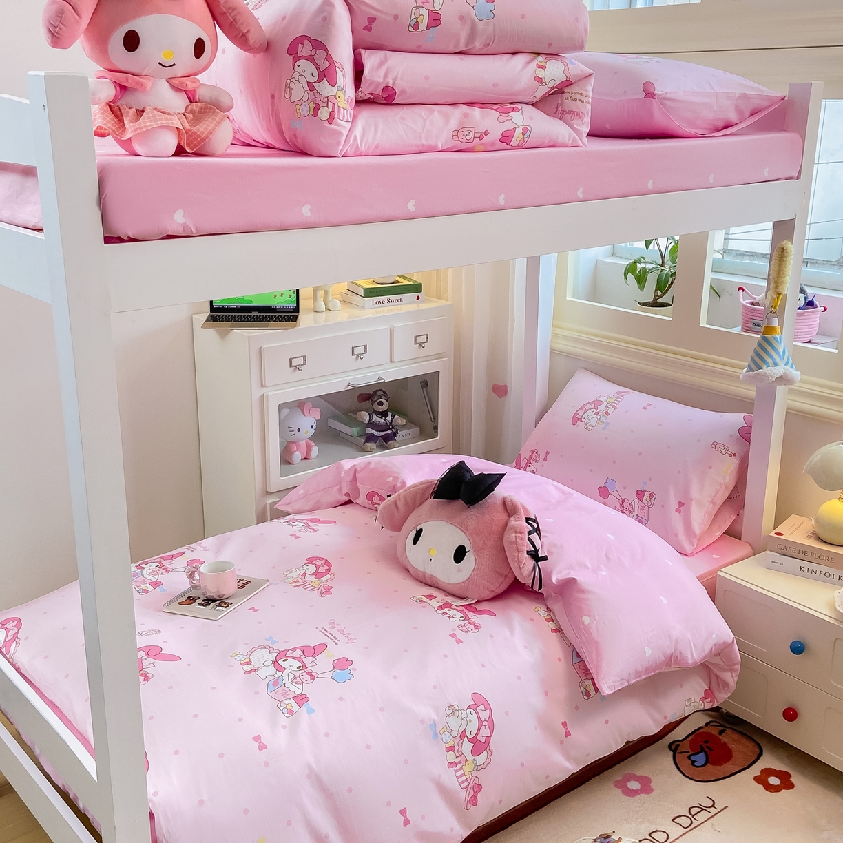 91家纺网 家纺一手货源 找家纺 博雅 2025春夏新款三丽鸥全棉纯棉卡通学生宿舍三件套上下铺三件套-小版 粉色点点美乐蒂