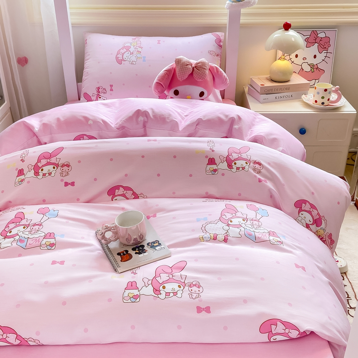 91家纺网 家纺一手货源 找家纺 博雅 2025春夏新款三丽鸥全棉纯棉卡通学生宿舍三件套上下铺三件套-小版 粉色点点美乐蒂