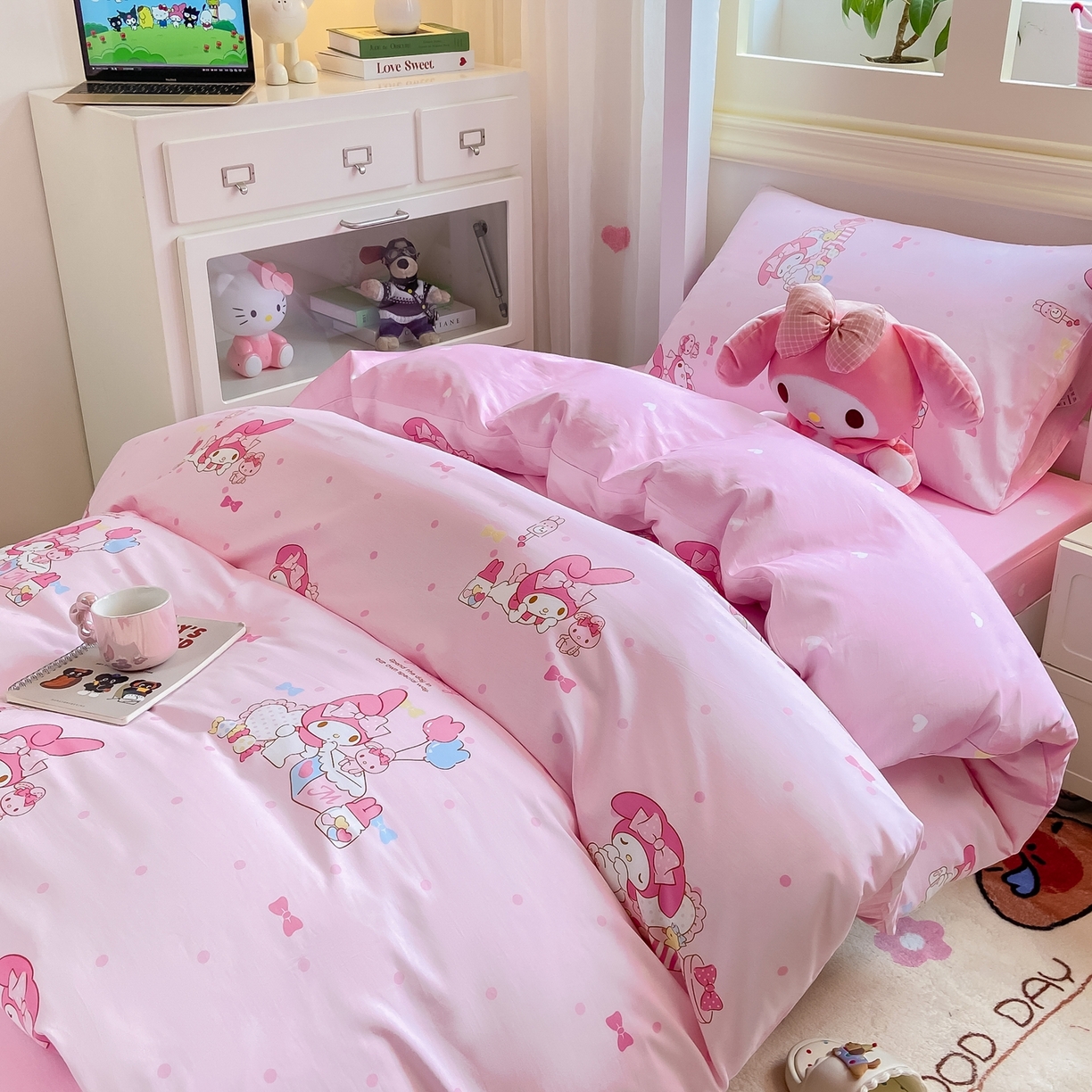 91家纺网 家纺一手货源 找家纺 博雅 2025春夏新款三丽鸥全棉纯棉卡通学生宿舍三件套上下铺三件套-小版 粉色点点美乐蒂