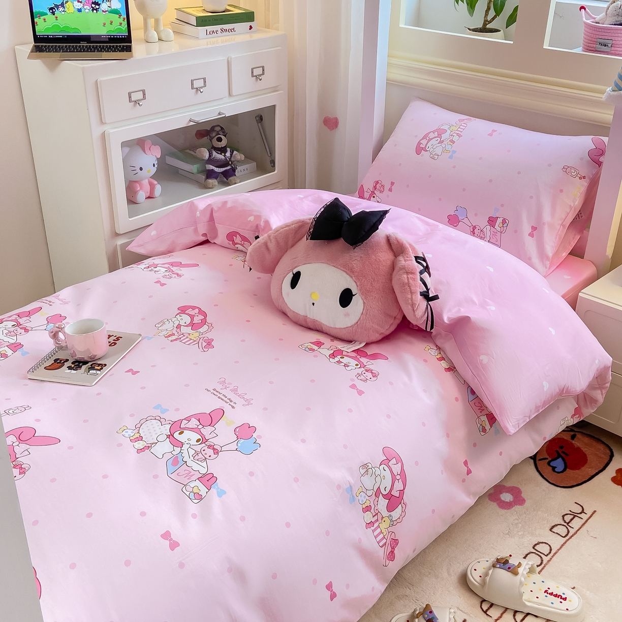 91家纺网 家纺一手货源 找家纺 博雅 2025春夏新款三丽鸥全棉纯棉卡通学生宿舍三件套上下铺三件套-小版 粉色点点美乐蒂