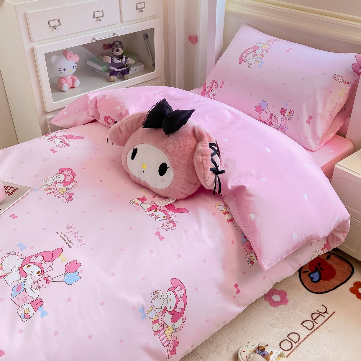 91家纺网 家纺一手货源 找家纺 博雅 2025春夏新款三丽鸥全棉纯棉卡通学生宿舍三件套上下铺三件套-小版 粉色点点美乐蒂