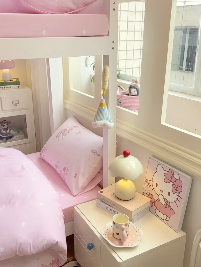 91家纺网 家纺一手货源 找家纺 博雅 2025春夏新款三丽鸥全棉纯棉卡通学生宿舍三件套上下铺三件套-小版 粉色点点美乐蒂