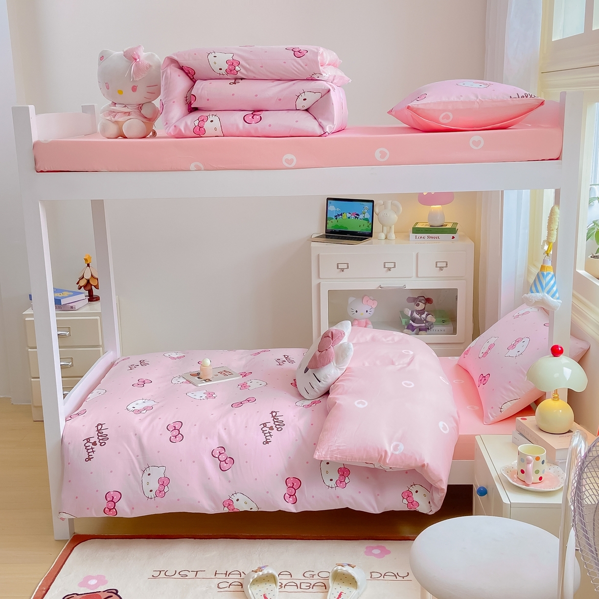 91家纺网 家纺一手货源 找家纺 博雅 2025春夏新款三丽鸥全棉纯棉卡通学生宿舍三件套上下铺三件套-小版 粉色蝴蝶结KT