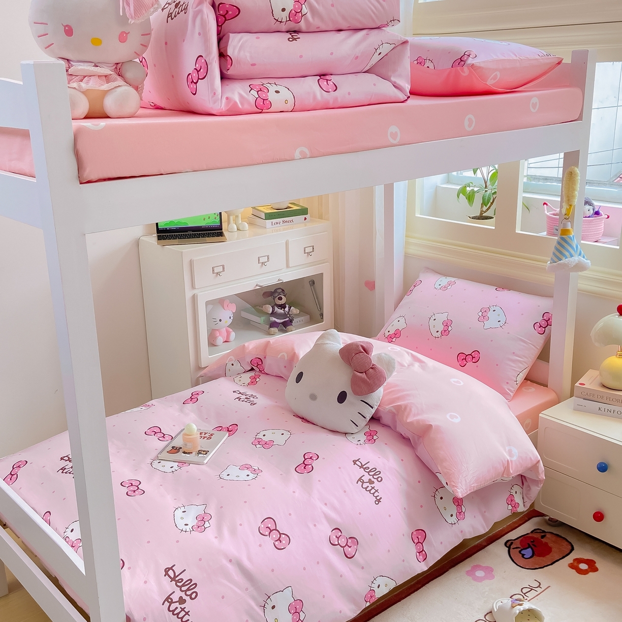 91家纺网 家纺一手货源 找家纺 博雅 2025春夏新款三丽鸥全棉纯棉卡通学生宿舍三件套上下铺三件套-小版 粉色蝴蝶结KT