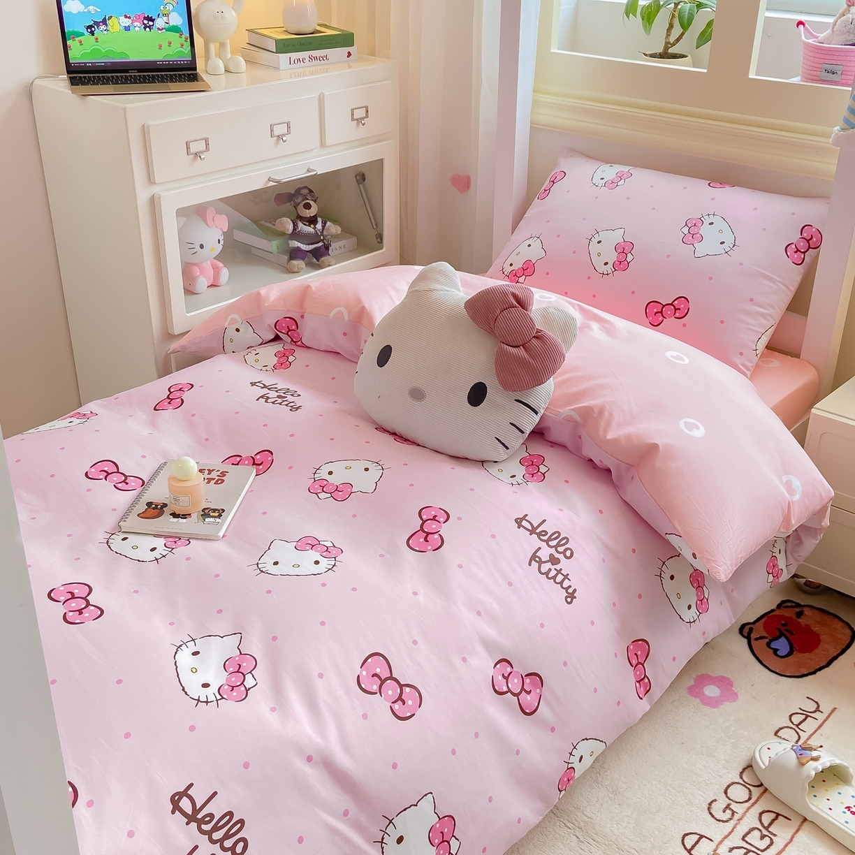 91家纺网 家纺一手货源 找家纺 博雅 2025春夏新款三丽鸥全棉纯棉卡通学生宿舍三件套上下铺三件套-小版 粉色蝴蝶结KT