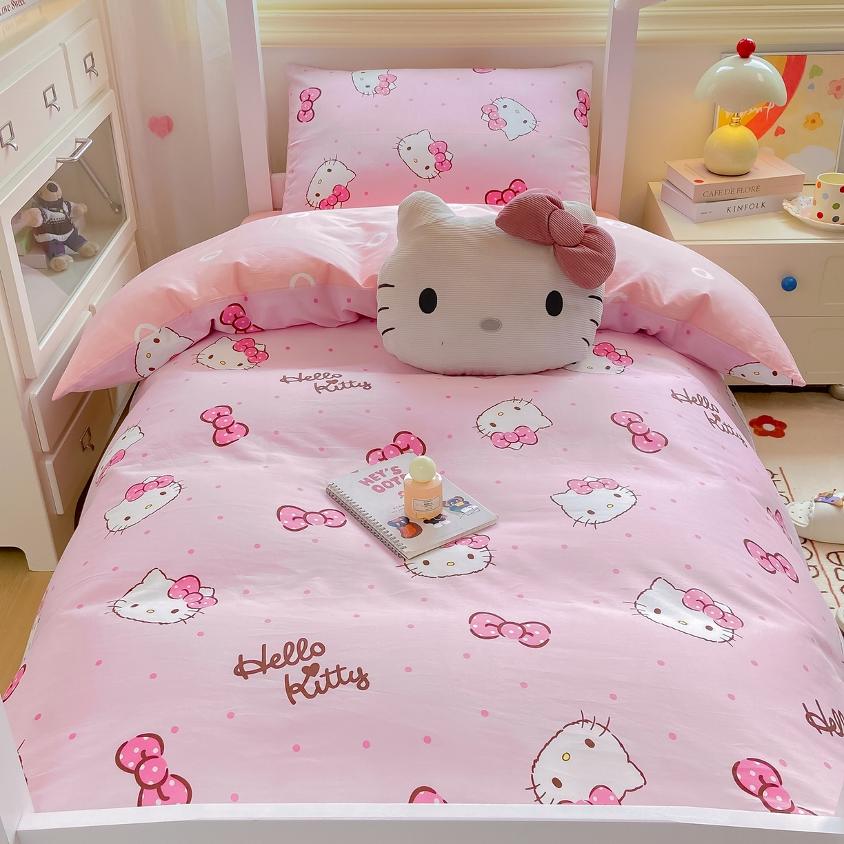 91家纺网 家纺一手货源 找家纺 博雅 2025春夏新款三丽鸥全棉纯棉卡通学生宿舍三件套上下铺三件套-小版 粉色蝴蝶结KT