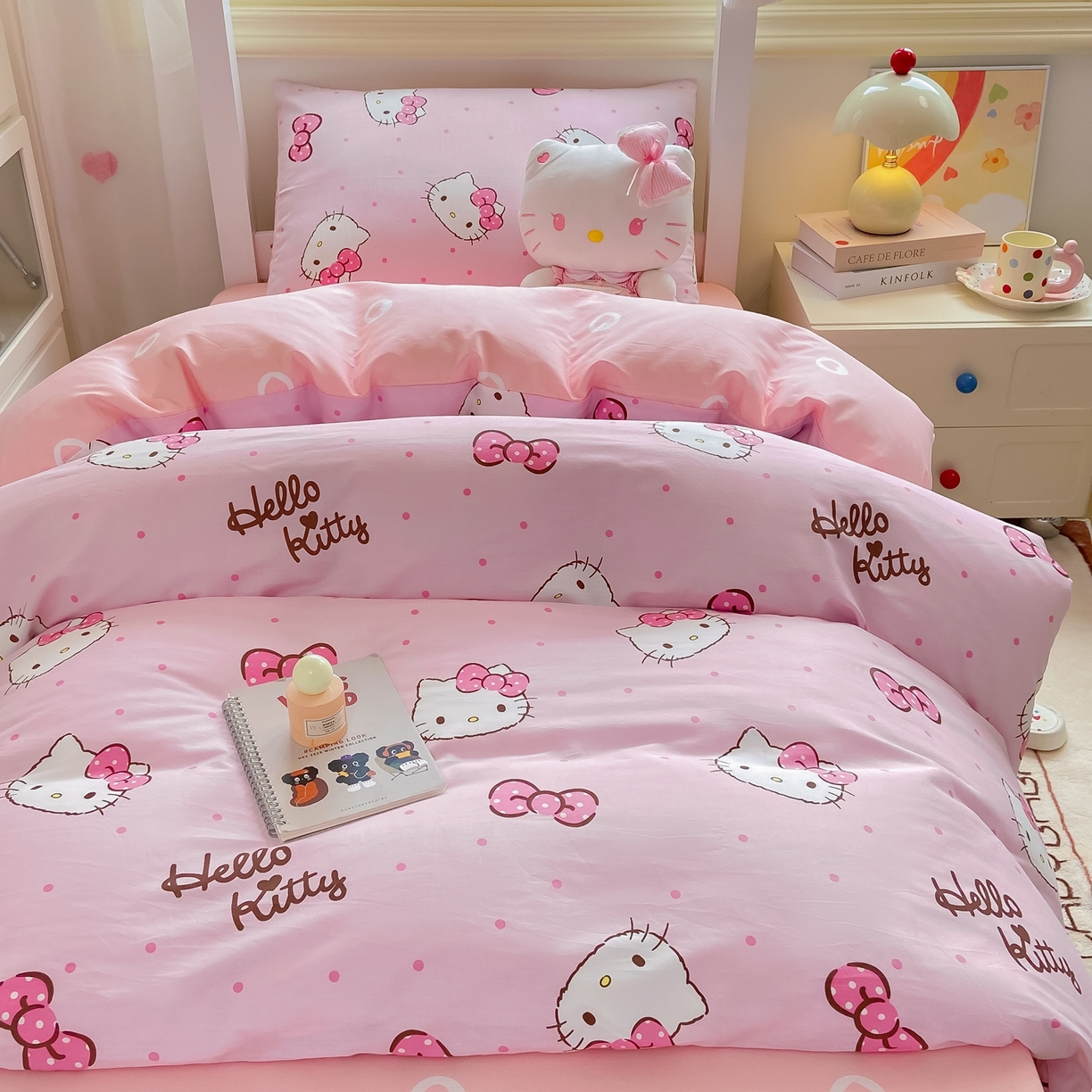 91家纺网 家纺一手货源 找家纺 博雅 2025春夏新款三丽鸥全棉纯棉卡通学生宿舍三件套上下铺三件套-小版 粉色蝴蝶结KT