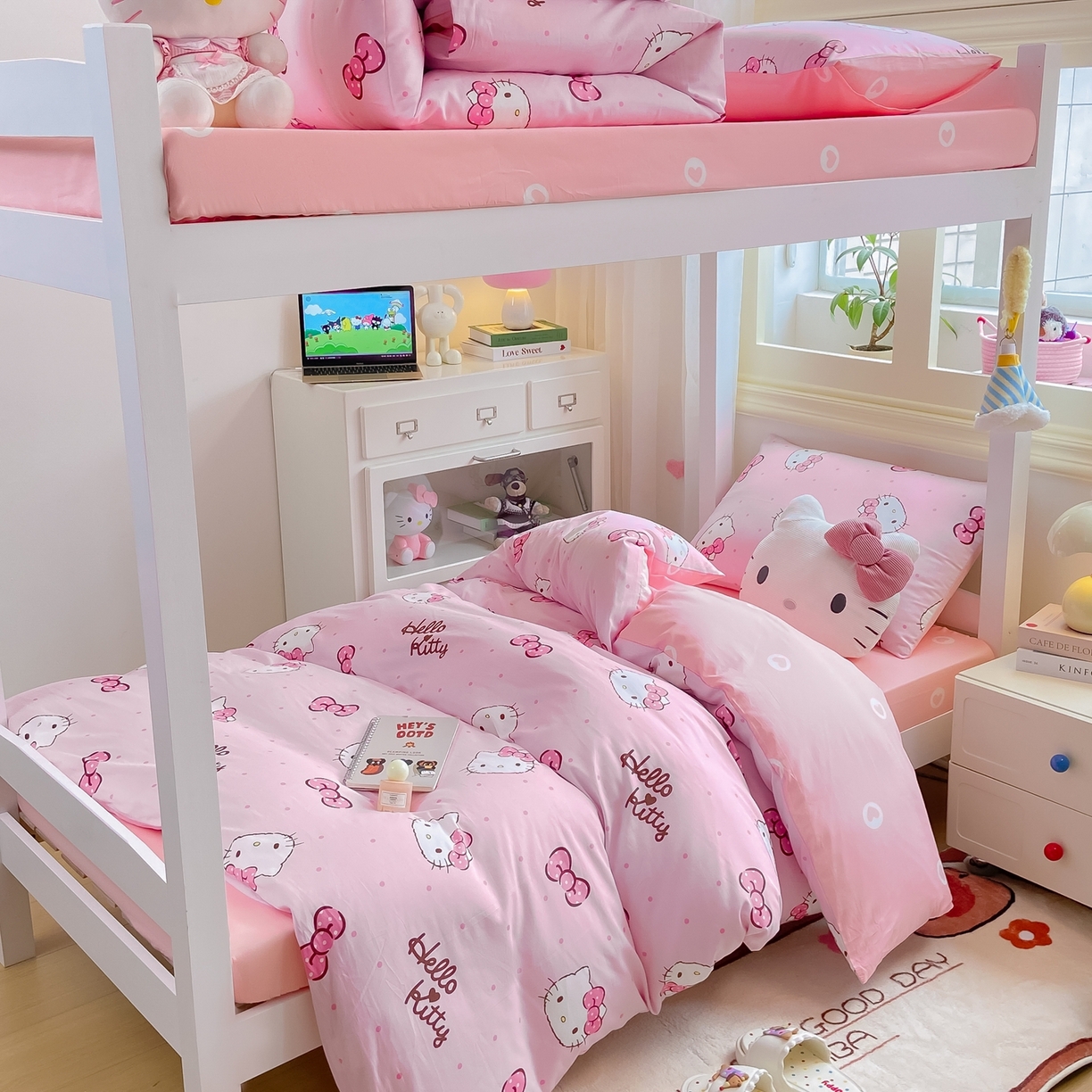 91家纺网 家纺一手货源 找家纺 博雅 2025春夏新款三丽鸥全棉纯棉卡通学生宿舍三件套上下铺三件套-小版 粉色蝴蝶结KT