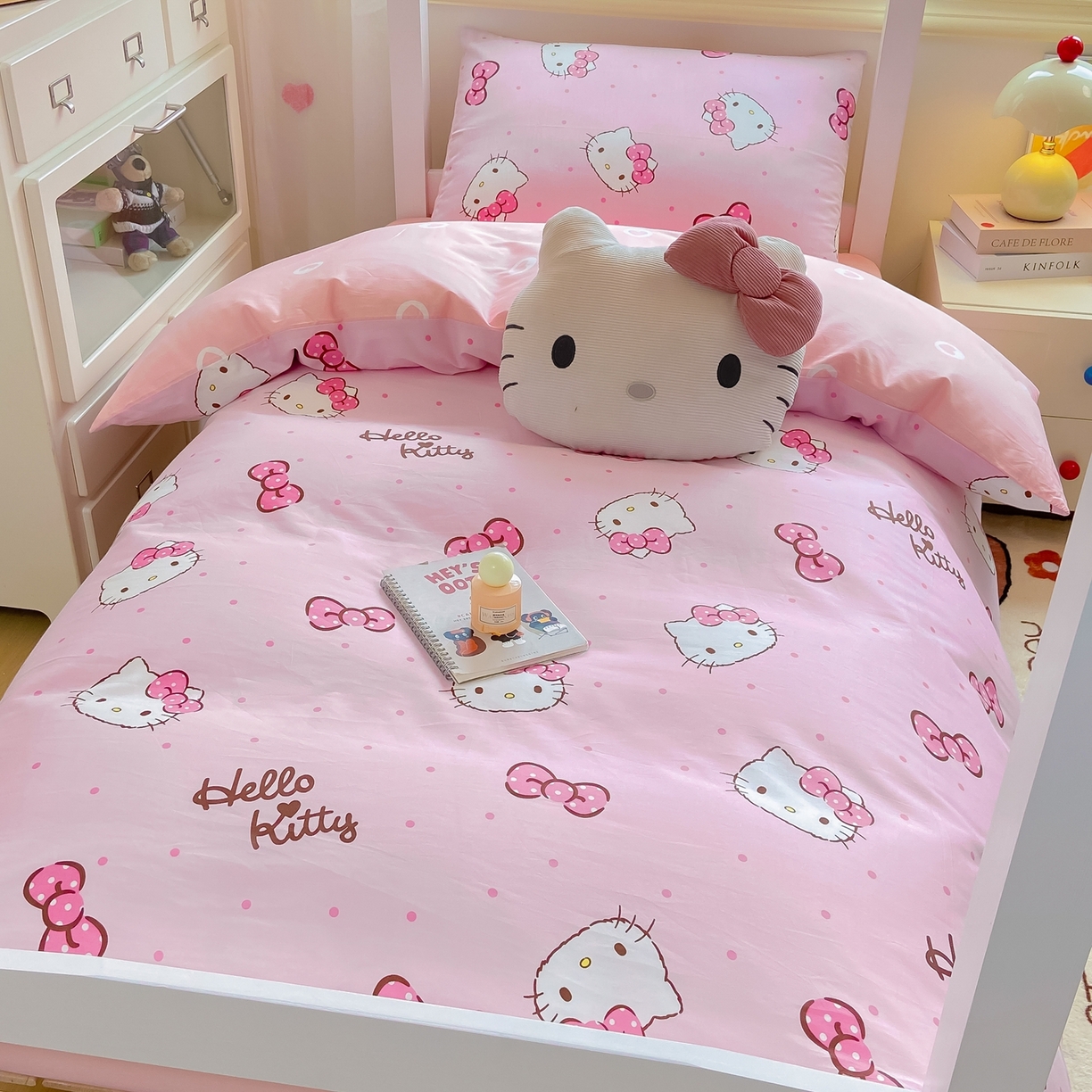 91家纺网 家纺一手货源 找家纺 博雅 2025春夏新款三丽鸥全棉纯棉卡通学生宿舍三件套上下铺三件套-小版 粉色蝴蝶结KT