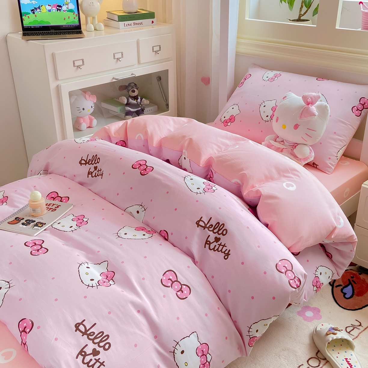 91家纺网 家纺一手货源 找家纺 博雅 2025春夏新款三丽鸥全棉纯棉卡通学生宿舍三件套上下铺三件套-小版 粉色蝴蝶结KT