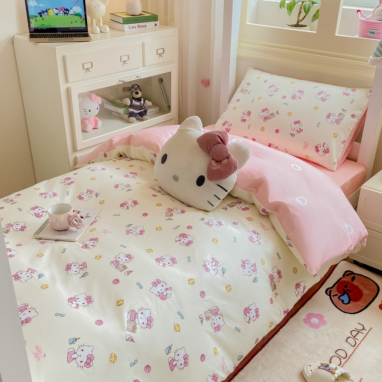 91家纺网 家纺一手货源 找家纺 博雅 2025春夏新款三丽鸥全棉纯棉卡通学生宿舍三件套上下铺三件套-小版 可爱KT