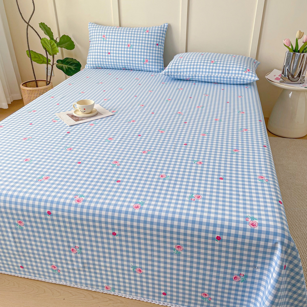 91家纺网 家纺一手货源 找家纺 棉乐町2025新款花边款老粗布床单 蓝花