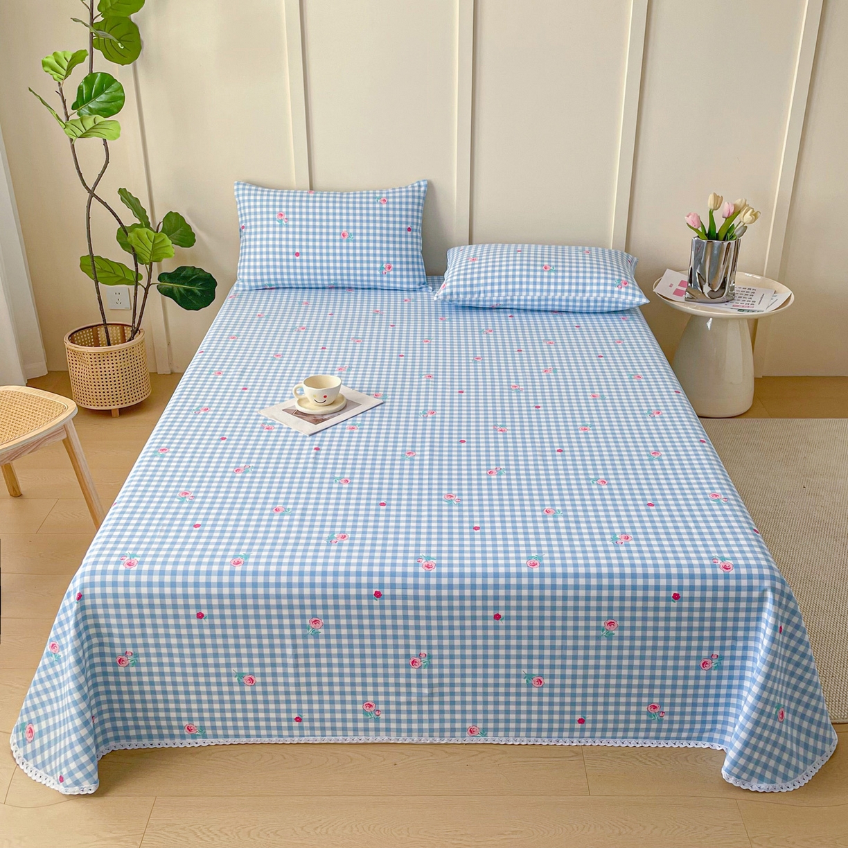 91家纺网 家纺一手货源 找家纺 棉乐町2025新款花边款老粗布床单 蓝花