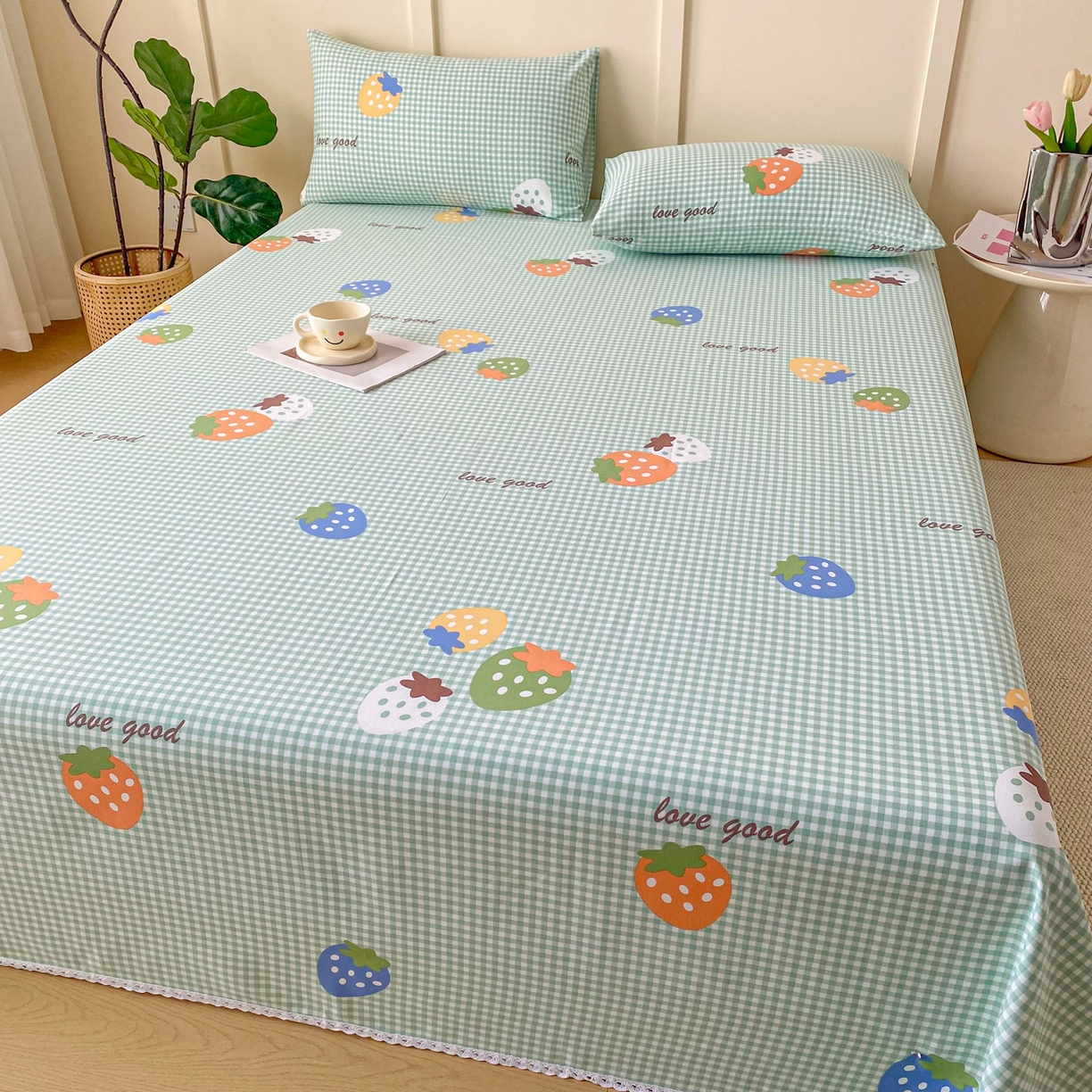 91家纺网 家纺一手货源 找家纺 棉乐町2025新款花边款老粗布床单 绿梅果