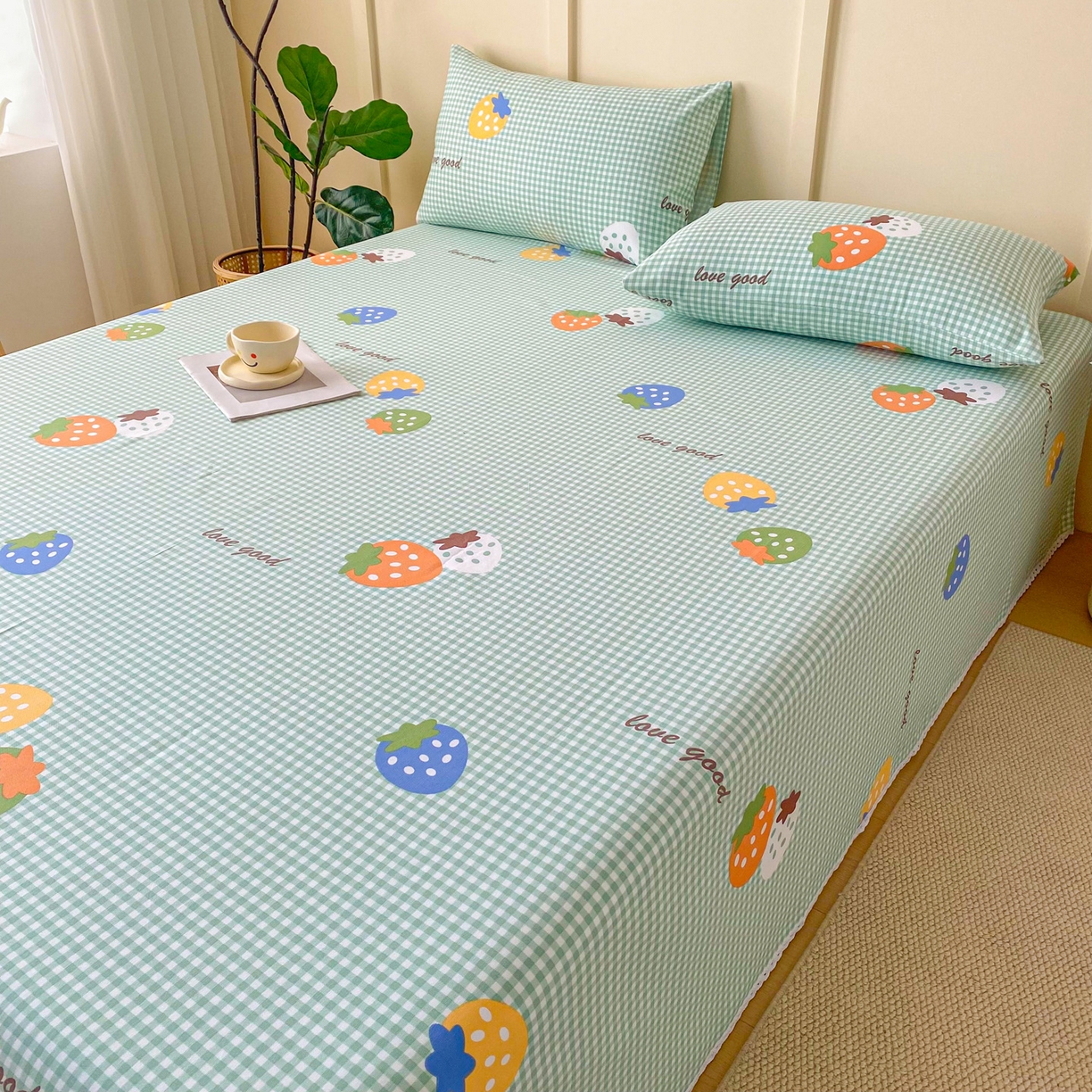 91家纺网 家纺一手货源 找家纺 棉乐町2025新款花边款老粗布床单 绿梅果