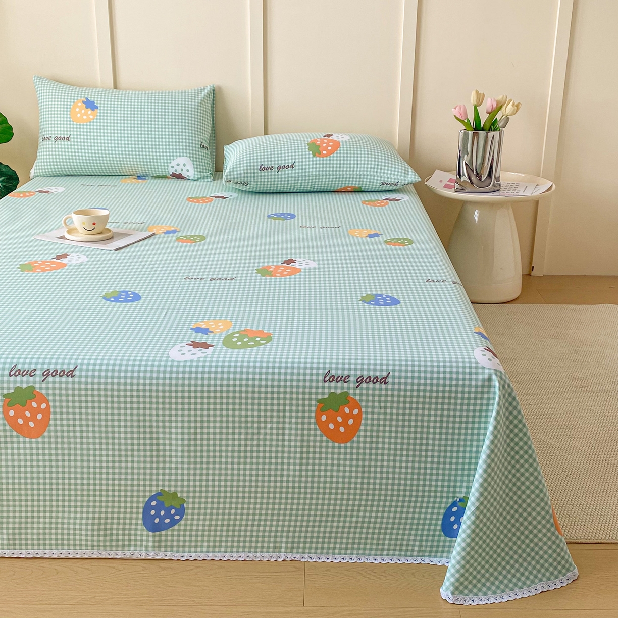 91家纺网 家纺一手货源 找家纺 棉乐町2025新款花边款老粗布床单 绿梅果