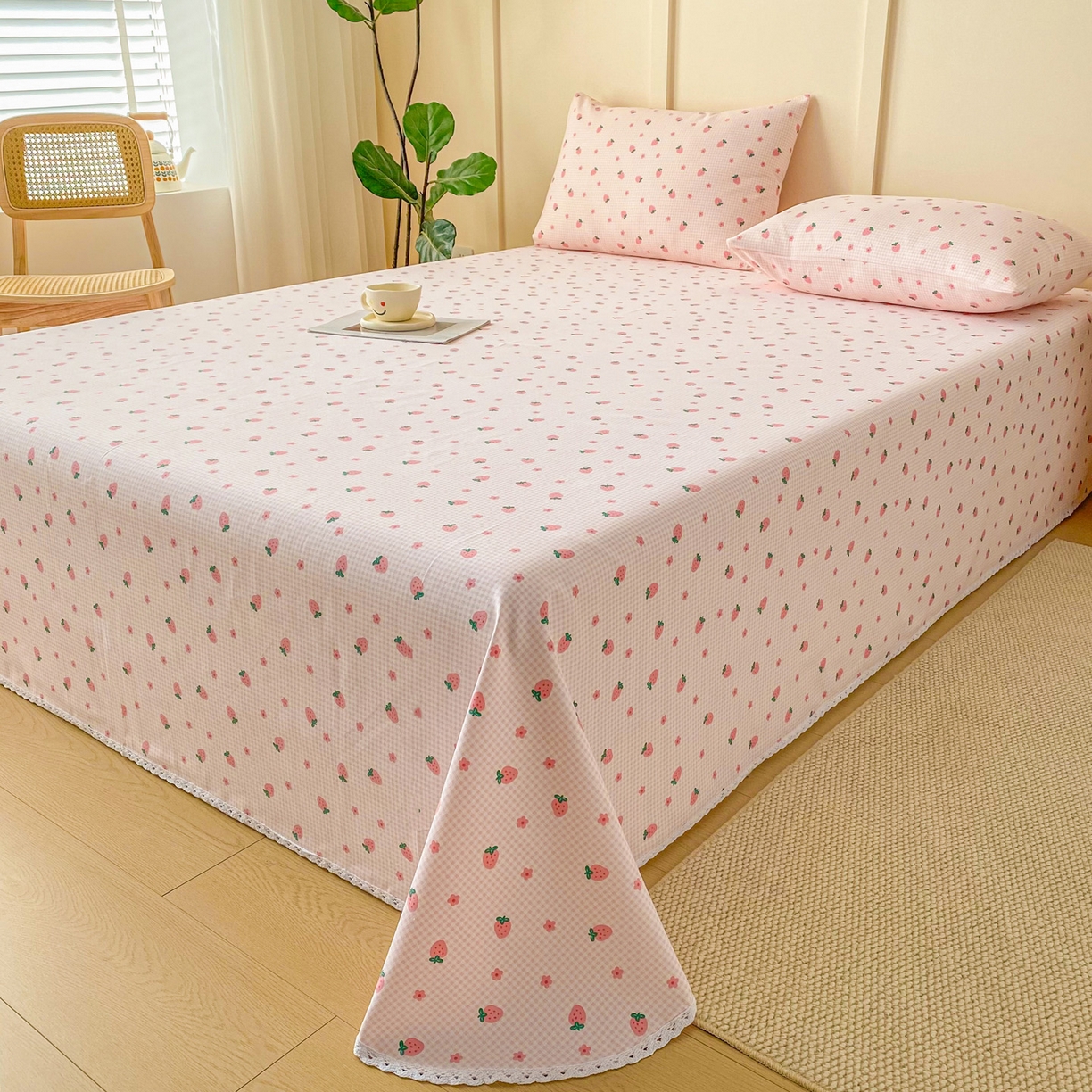 91家纺网 家纺一手货源 找家纺 棉乐町2025新款花边款老粗布床单 莓莓果