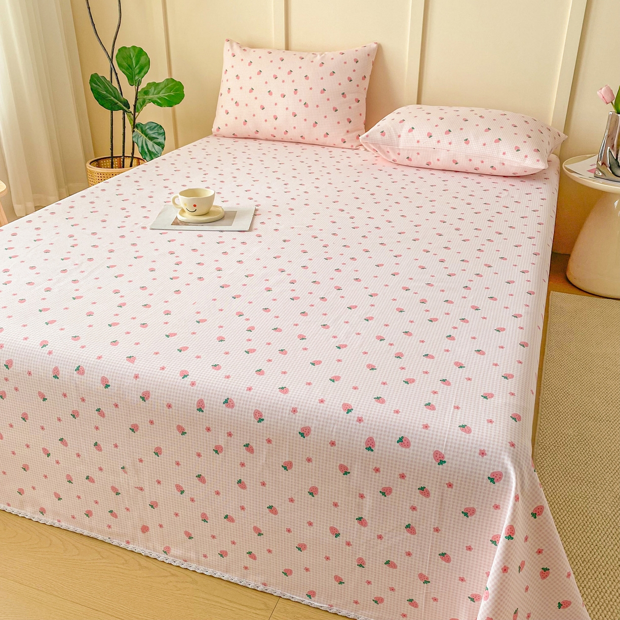 91家纺网 家纺一手货源 找家纺 棉乐町2025新款花边款老粗布床单 莓莓果