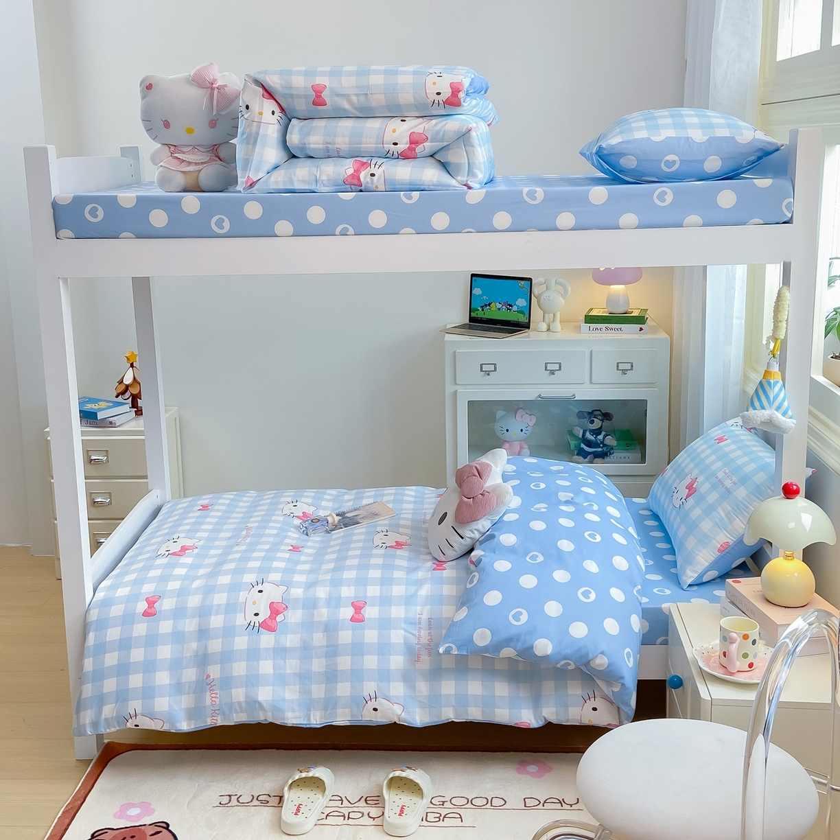 91家纺网 家纺一手货源 找家纺 博雅 2025春夏新款三丽鸥全棉纯棉卡通学生宿舍三件套上下铺三件套-小版 蓝色蝴蝶结KT