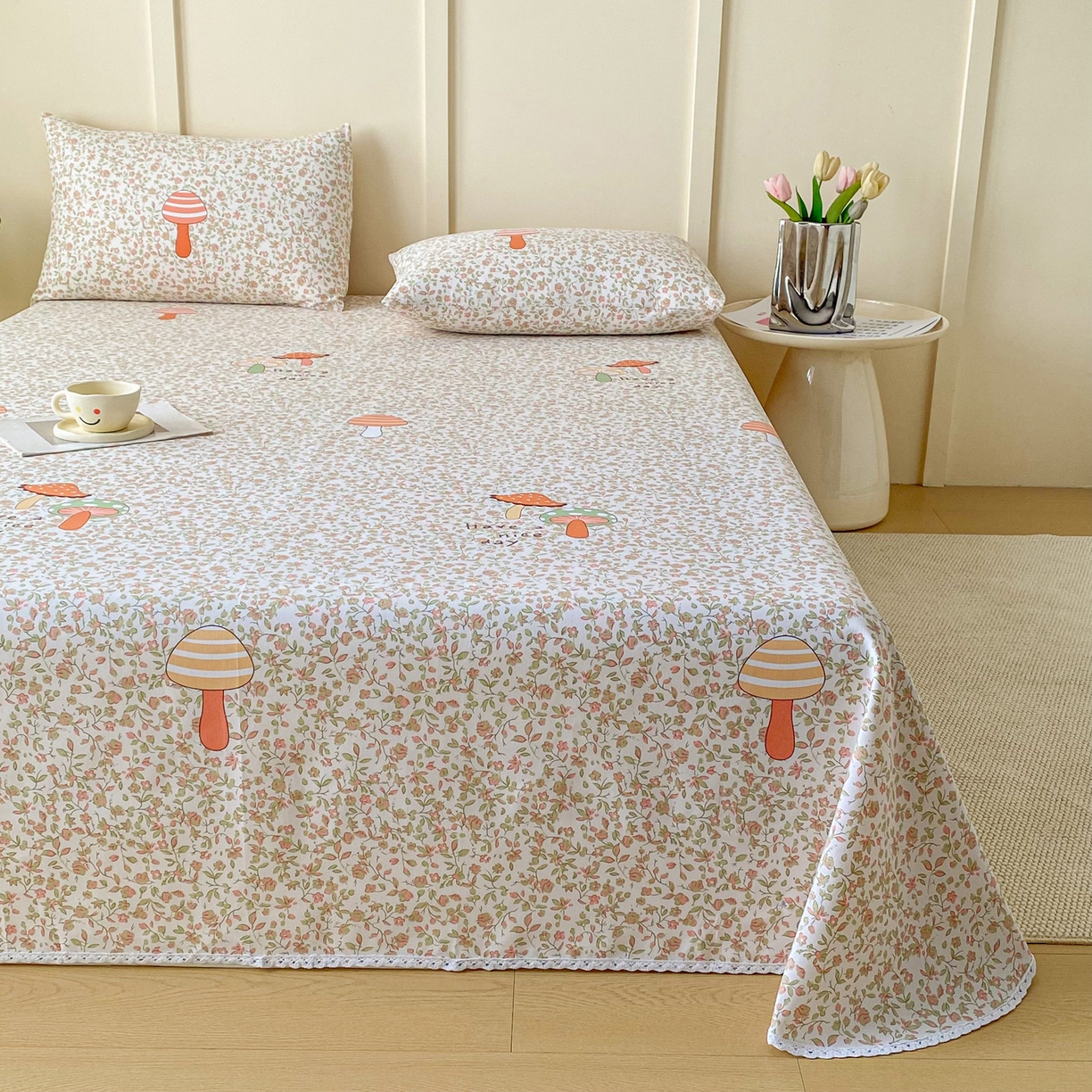 91家纺网 家纺一手货源 找家纺 棉乐町2025新款花边款老粗布床单 蘑菇屋