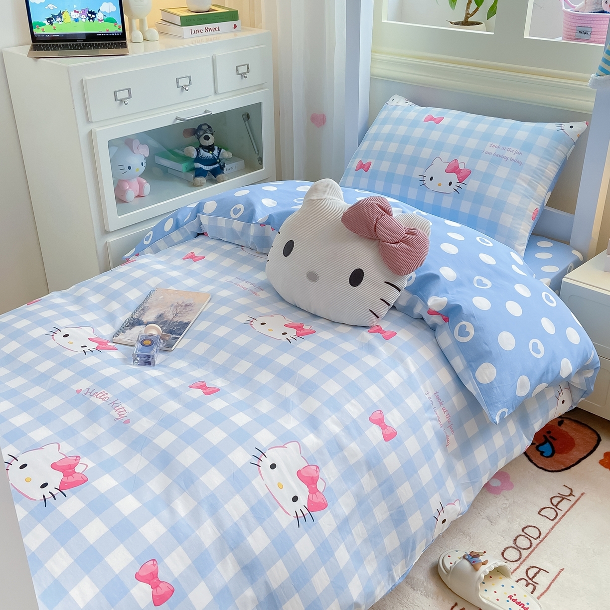 91家纺网 家纺一手货源 找家纺 博雅 2025春夏新款三丽鸥全棉纯棉卡通学生宿舍三件套上下铺三件套-小版 蓝色蝴蝶结KT