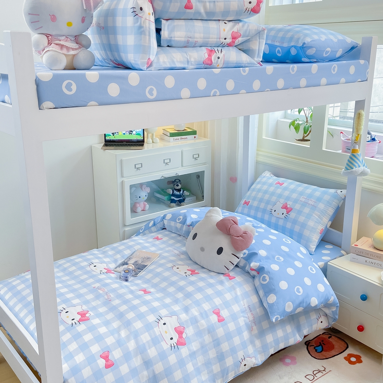 91家纺网 家纺一手货源 找家纺 博雅 2025春夏新款三丽鸥全棉纯棉卡通学生宿舍三件套上下铺三件套-小版 蓝色蝴蝶结KT