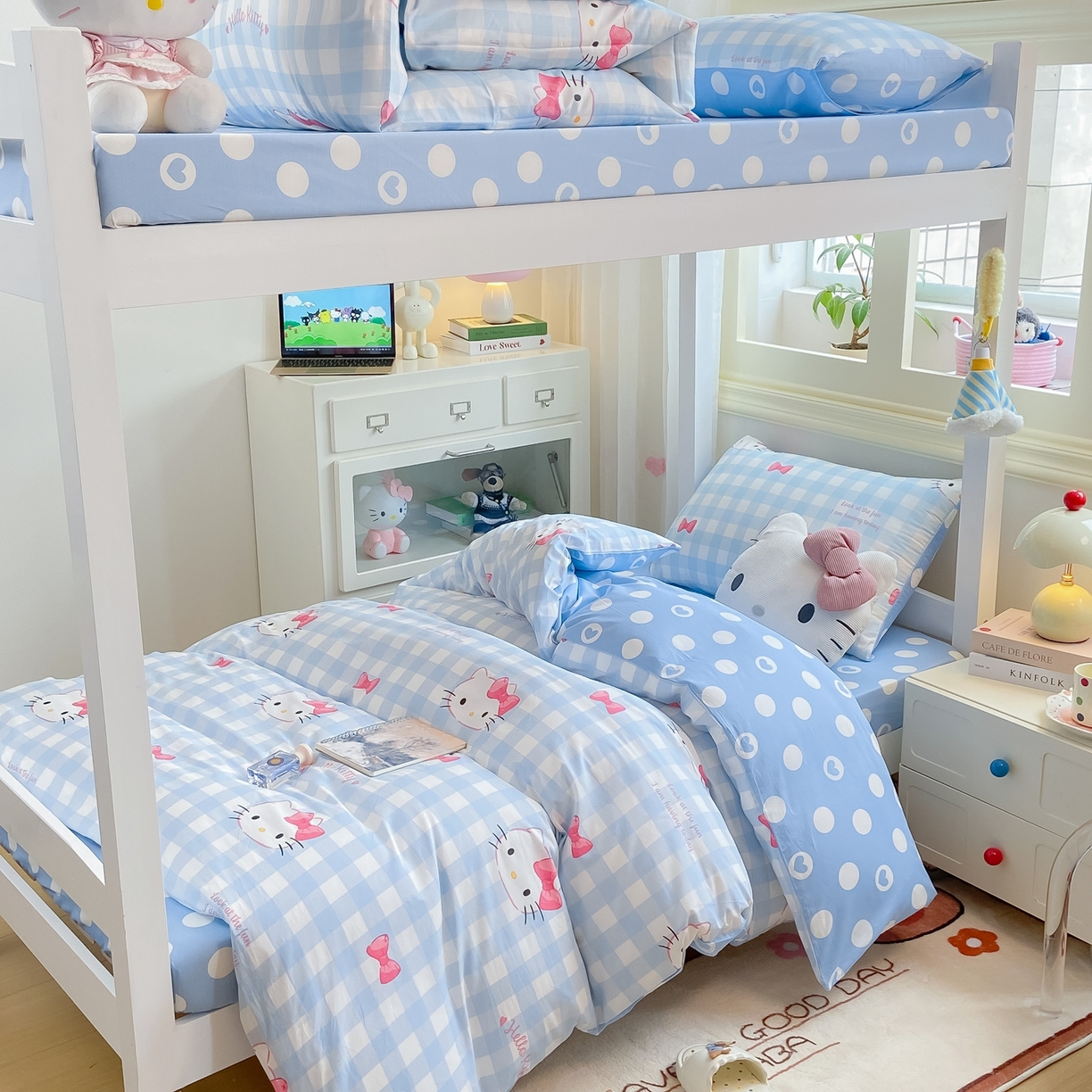 91家纺网 家纺一手货源 找家纺 博雅 2025春夏新款三丽鸥全棉纯棉卡通学生宿舍三件套上下铺三件套-小版 蓝色蝴蝶结KT