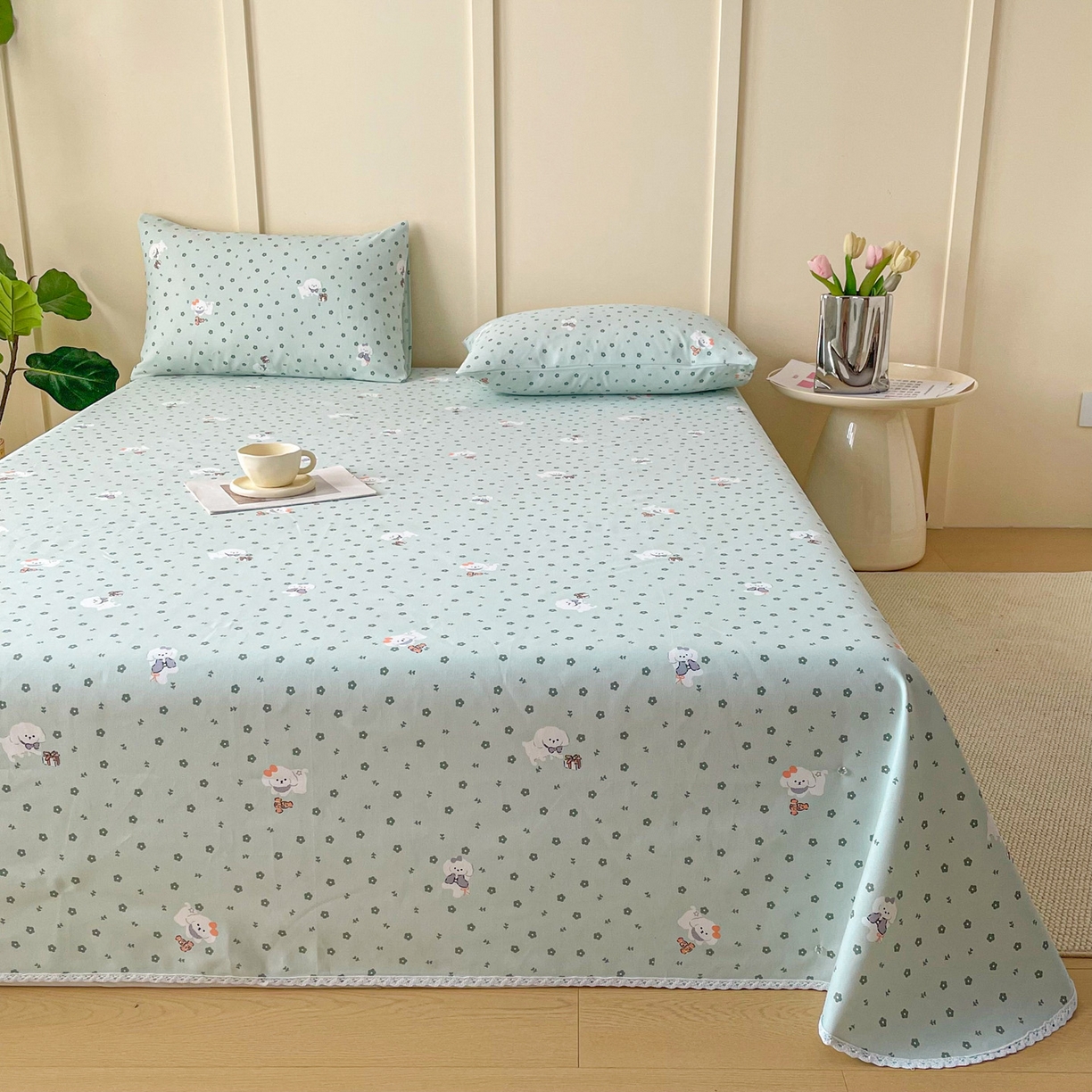 91家纺网 家纺一手货源 找家纺 棉乐町2025新款花边款老粗布床单 幸运汪汪