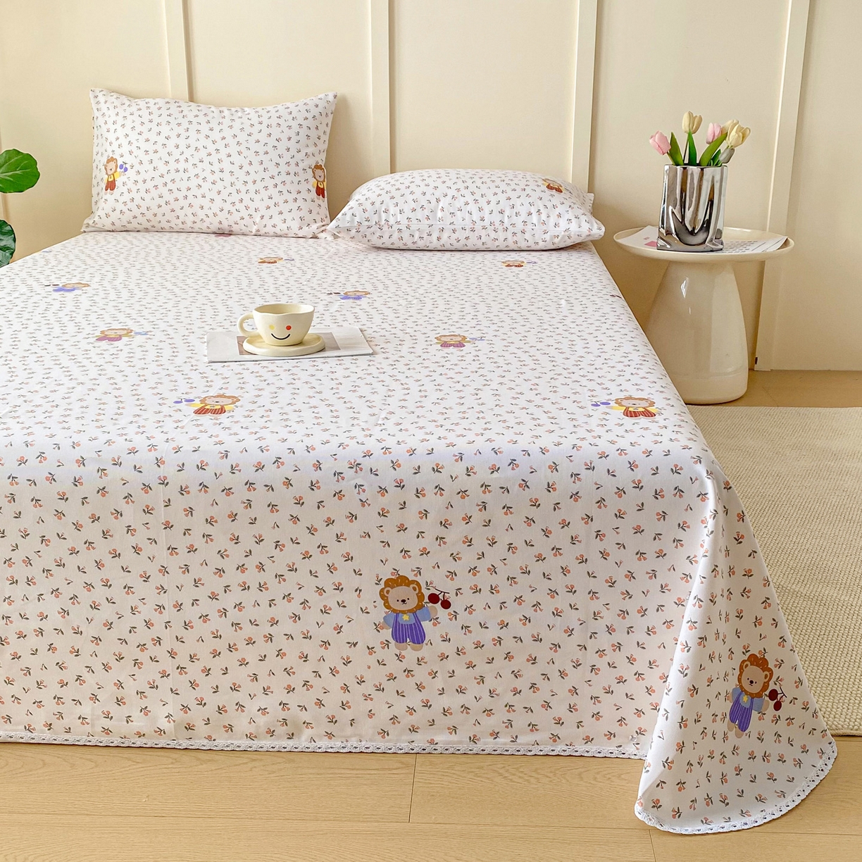 91家纺网 家纺一手货源 找家纺 棉乐町2025新款花边款老粗布床单 樱桃花